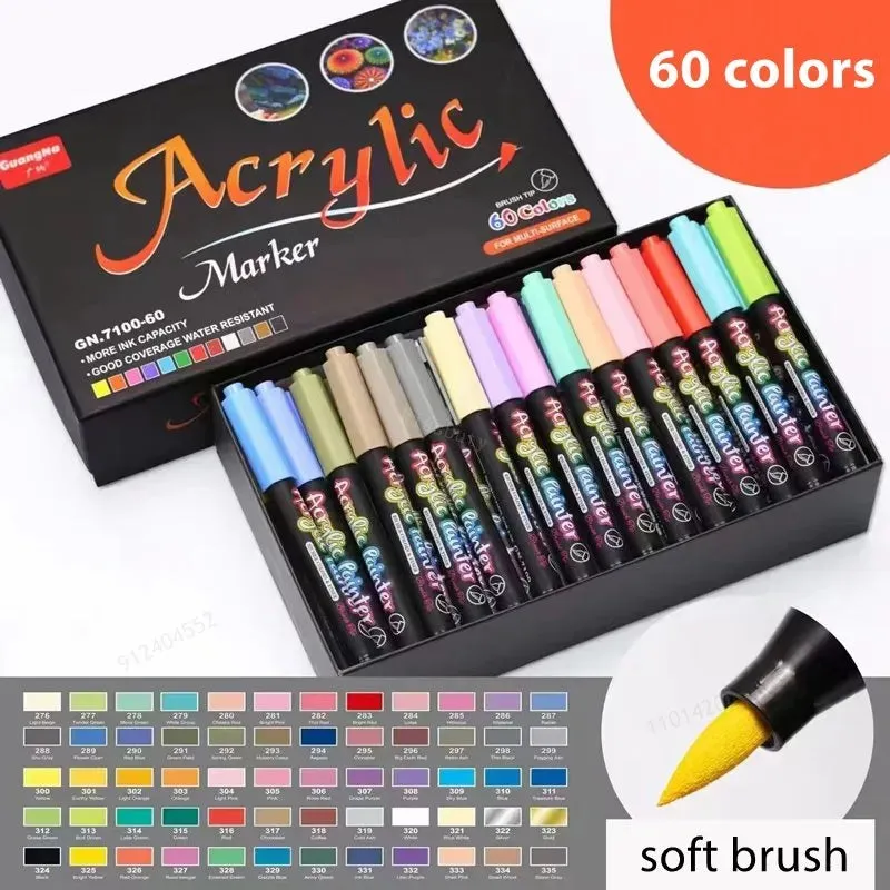 12 60 Acrylic Paint Brush Marker for Art on Ceramic Rock Glass Porcelain Wood Fabric Canvas
