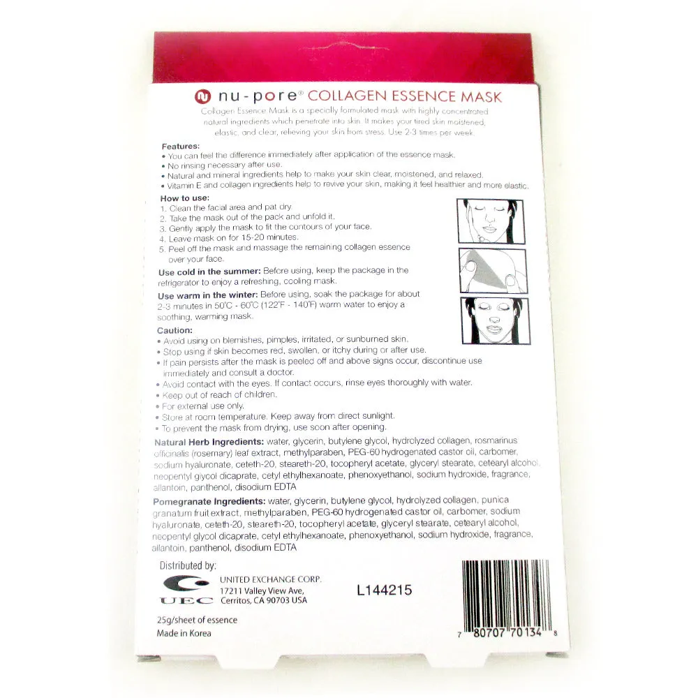 2 Pack Nu-Pore Collagen Essence Facial Tissue Masks Natural Herb Pomegranate 4pc
