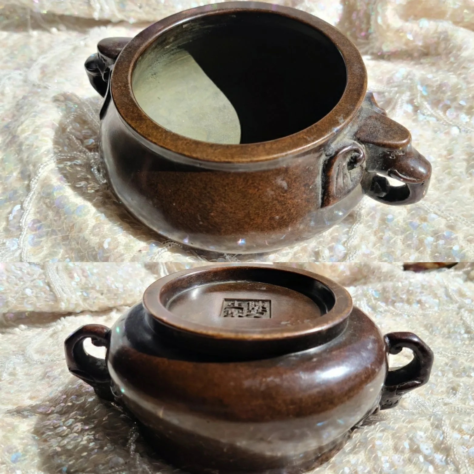 Antique 19th Century Signed Chinese Solid Bronze Elephant Bowl 3.07lb