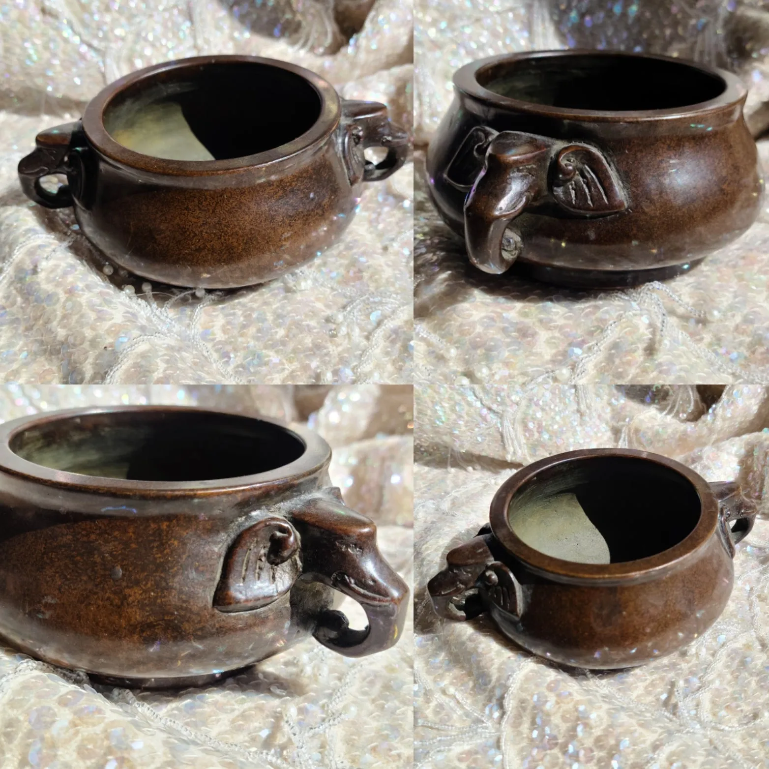 Antique 19th Century Signed Chinese Solid Bronze Elephant Bowl 3.07lb
