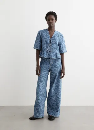 Jacquard Denim Flounce Tie Blouse