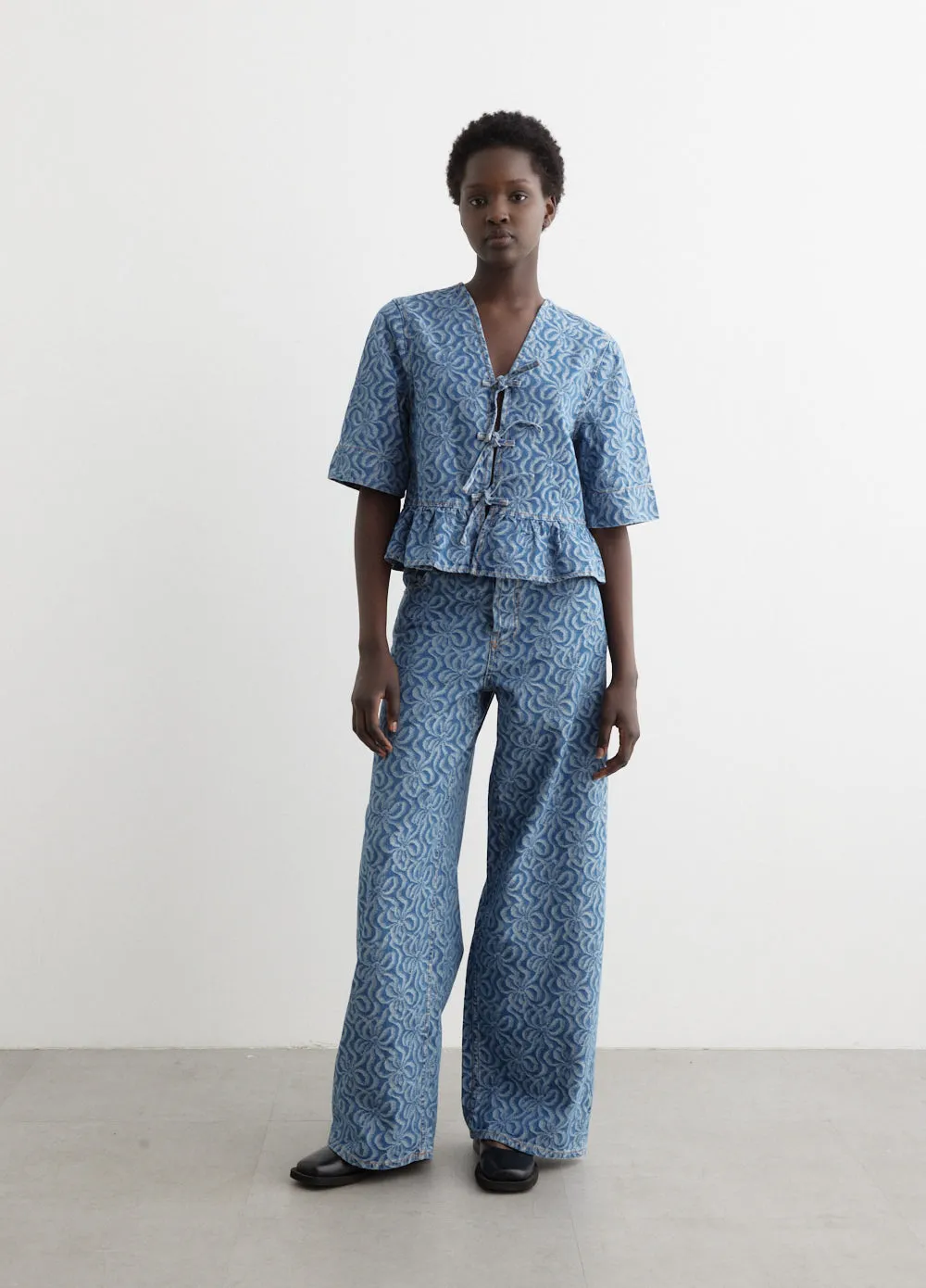 Jacquard Denim Flounce Tie Blouse