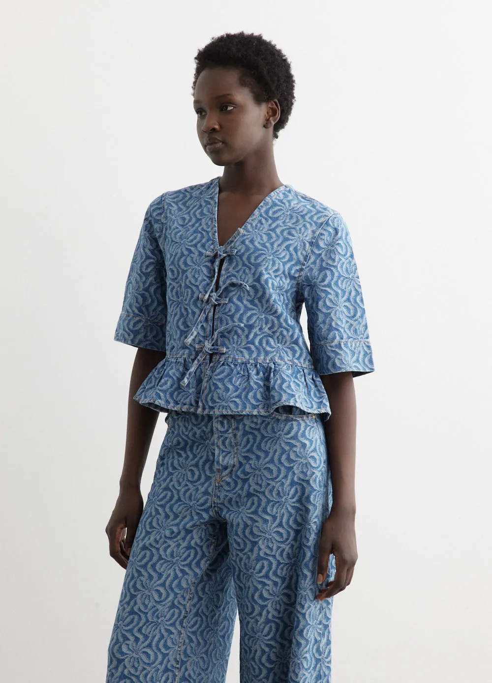 Jacquard Denim Flounce Tie Blouse