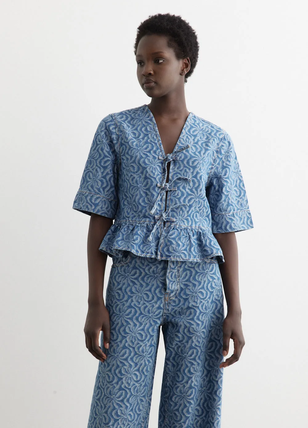 Jacquard Denim Flounce Tie Blouse