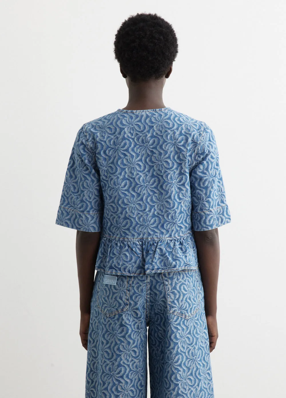 Jacquard Denim Flounce Tie Blouse