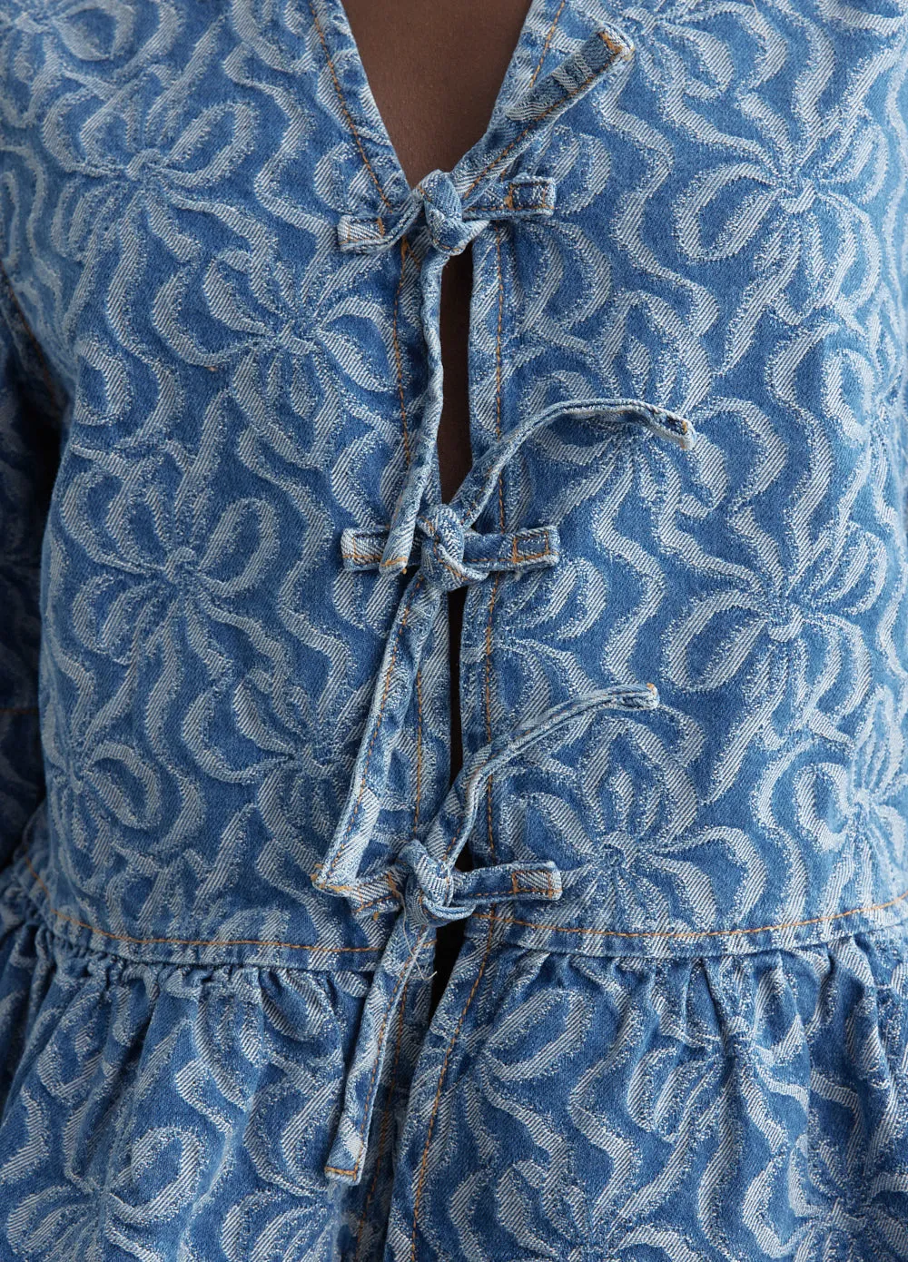 Jacquard Denim Flounce Tie Blouse