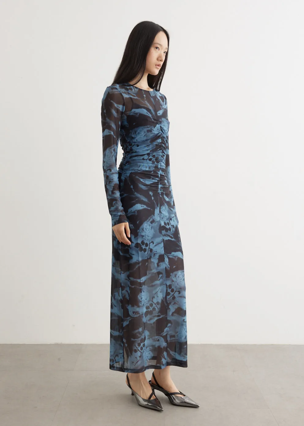 Printed Mesh O-Neck Ruched Long Dress