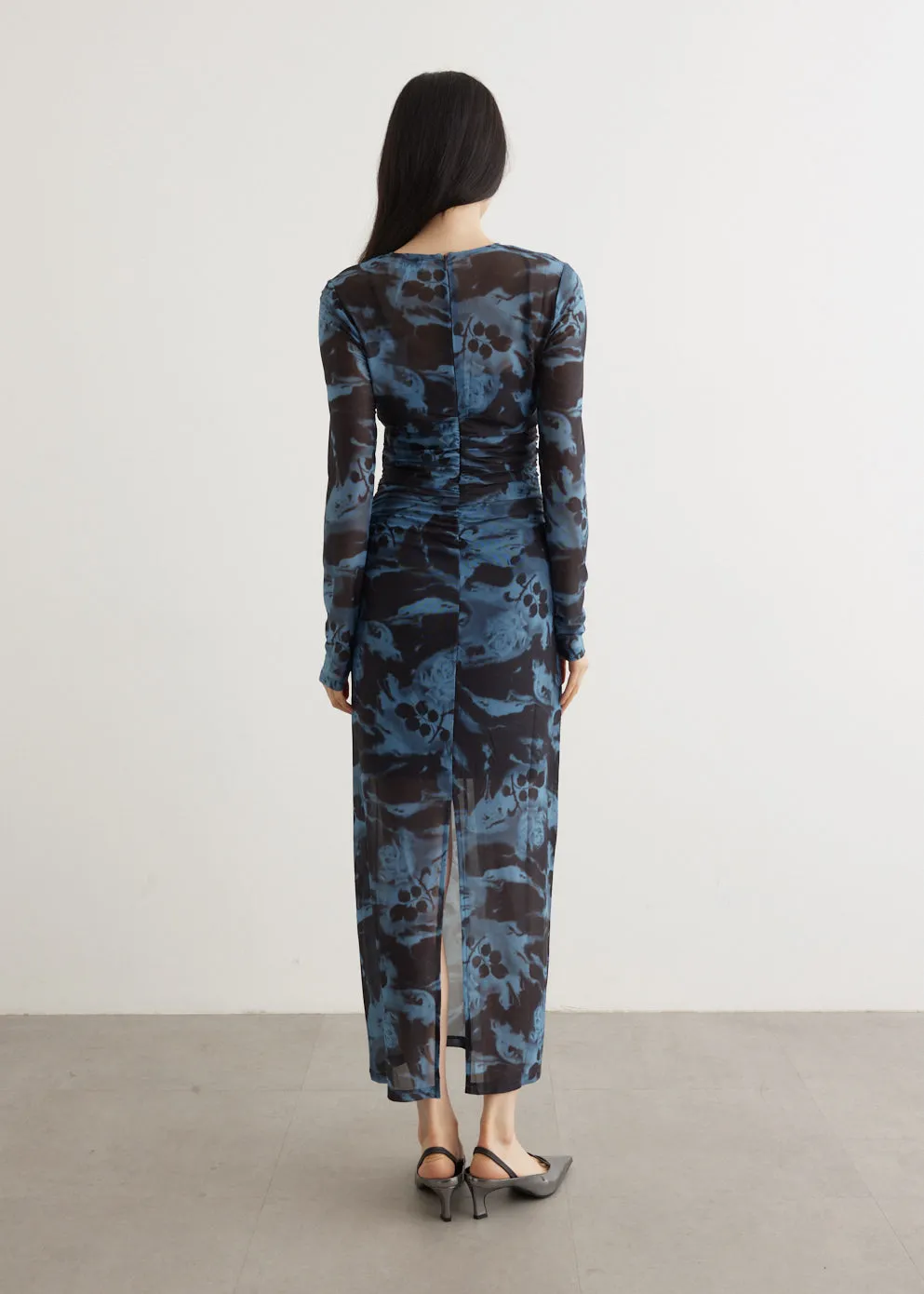 Printed Mesh O-Neck Ruched Long Dress